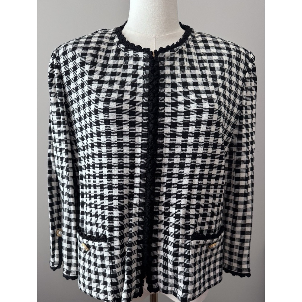 St. John Collection by Marie Gray Black White Check Knit Jacket Size 16 USA